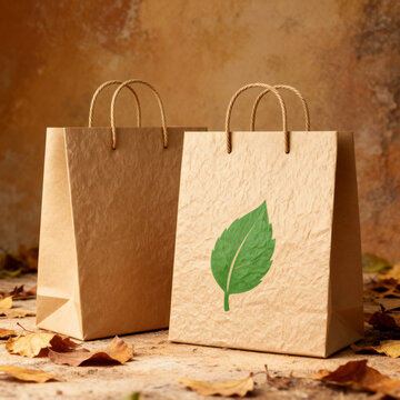 Eco paper bags with green leaf symbol, sustainable packaging and organic branding concept