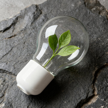 Green leaves inside light bulb on stone surface, clean energy and eco innovation concept