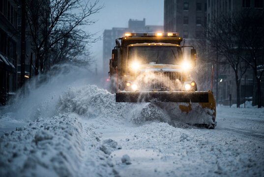 Snow plow clearing deep snow from a city street during winter storm