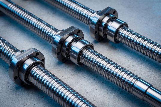 Three polished chrome steel ball screw mechanisms lying parallel on a bright metallic surface