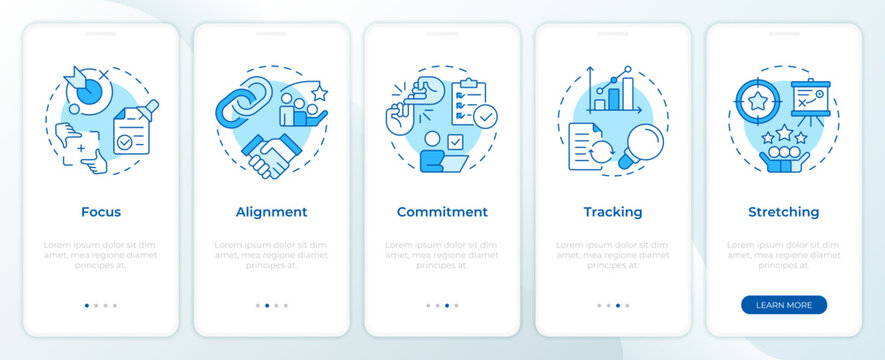 Okr system benefits blue onboarding mobile app screen. Task management. Walkthrough 5 steps editable graphic instructions with linear concepts. UI, UX, GUI. Montserrat SemiBold, Regular fonts used