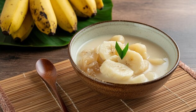 Traditional Indonesian banana kolak made with creamy coconut milk and palm sugar, served in a ceramic bowl with banana slices, pandan leaves, and fresh bananas in the background.