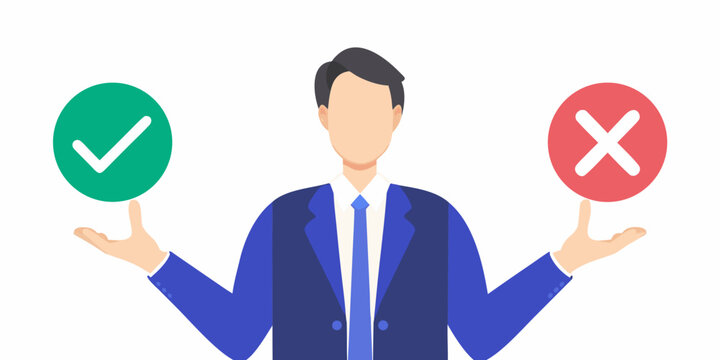 Man weighing options with green checkmark and red x symbols