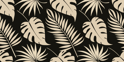 Seamless pattern of tropical monstera and palm leaves on black background © BidhanChandra