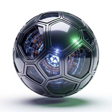 Futuristic metallic soccer ball with glowing internal circuitry