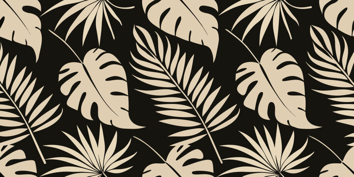Seamless pattern of tropical monstera and palm leaves on black background