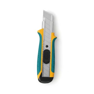 Retractable utility knife with yellow and teal handle, isolated on white