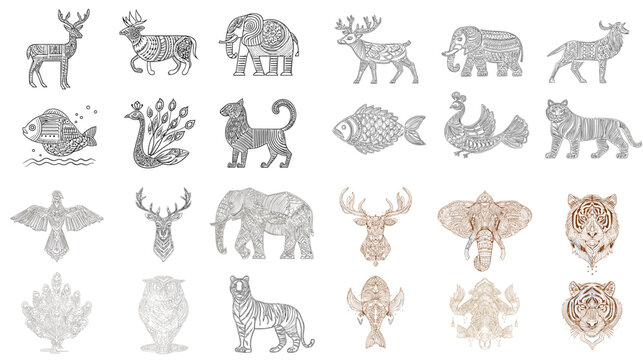 Hand drawn woodland animal outline set with deer bear wolf fox owl fish and forest creatures for tattoo logos wildlife themes and rustic design