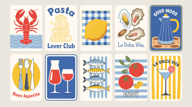 Mediterranean Food Poster Vector Set Hand Drawn, La Dolce Vita Style Doodle Cuisine Templates with Seafood, Pasta, Vegetables and Drinks, Cafe Social Media Design with Quote Typography