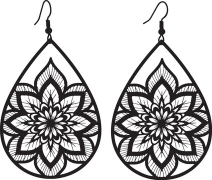 Black, teardrop earrings, mandala design, floral patterns, bohemian style jewelry, vector graphics