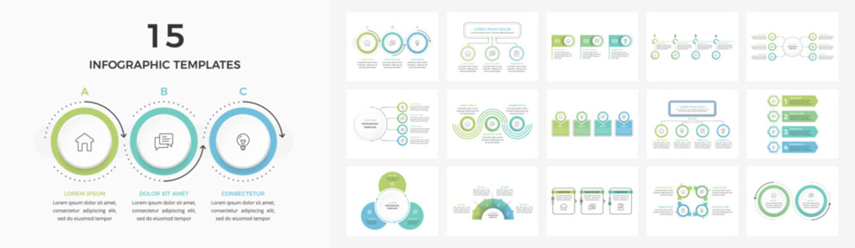 Set of 15 modern business infographic layouts, including circular flows, process timelines, hierarchy charts, and numbered steps