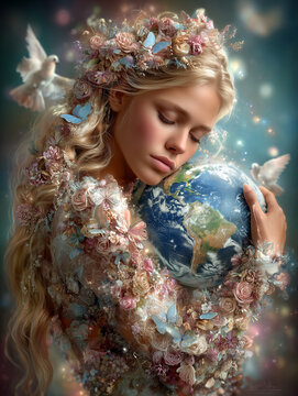 A beatiful blond fairy holding the globe of Earth surrounded with flowers, butterflies and white doves as a concept of care and love to our planet and environment