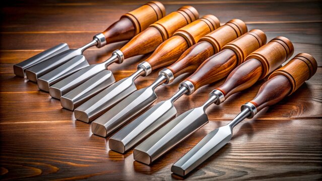 Set of woodworking chisels arranged on a wooden surface in a workshop setting