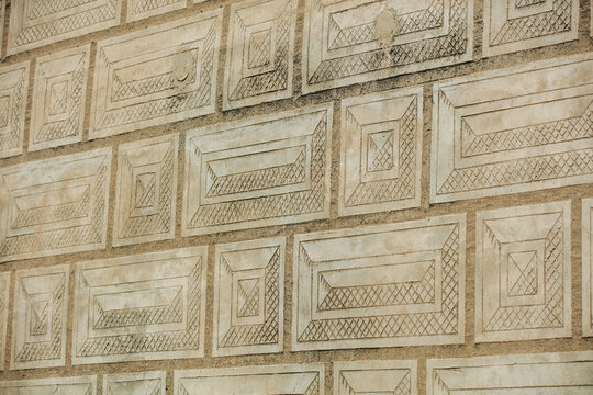 Painted and molded facade of 19th century old house exterior, decorative architectural style