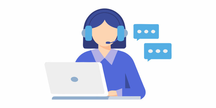 Customer support representative working with a laptop and headset