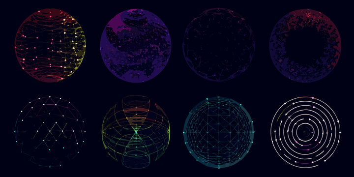 Abstract geometric forms with colorful gradients and wireframe structures