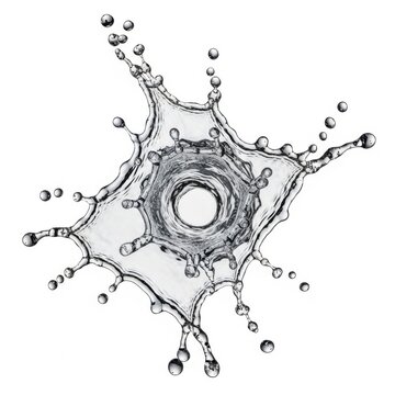 Clear water splash with concentric ripples and droplets, isolated on white