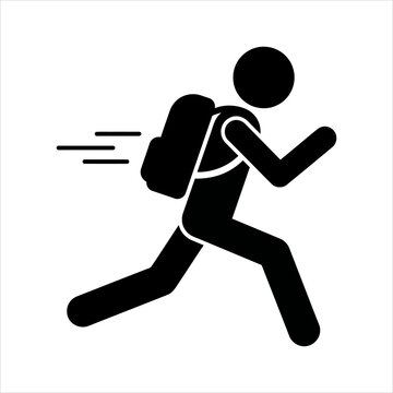 Running person with backpack icon with motion lines indicating speed