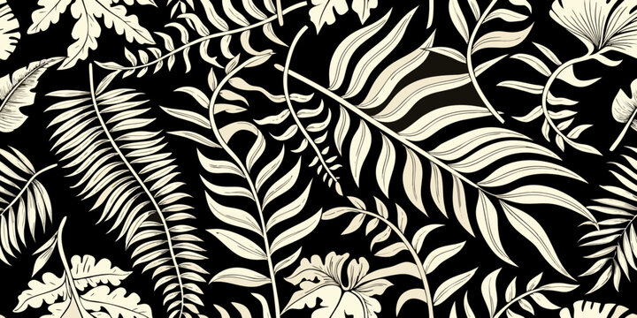 Elegant tropical leaves and floral pattern on a dark background