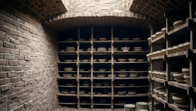 Clay pottery storage in a brick room with shelves filled with dishes and bowls