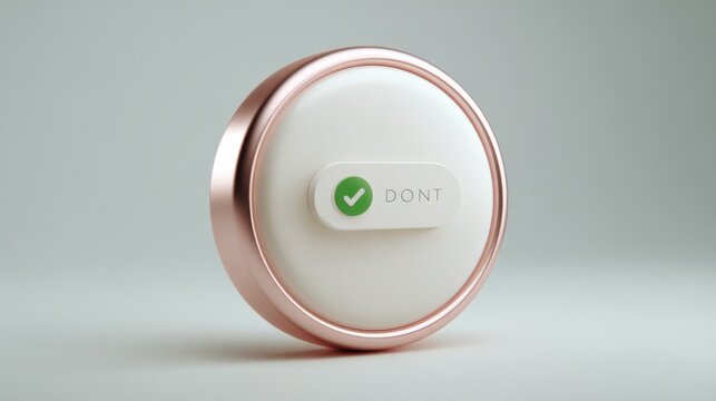 A unique round object with a shiny rose gold border and a green don't button