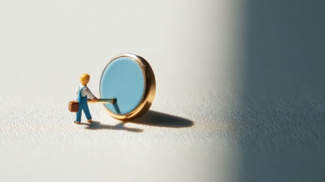 A miniature figure appears to be interacting with a large blue button, possibly in the context of solving a problem or working towards a solution. The lighting casts interesting shadows.