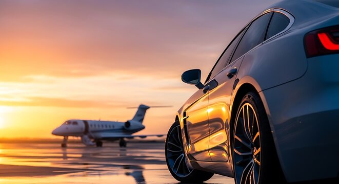 Luxury lifestyle sleek car and private jet at sunset