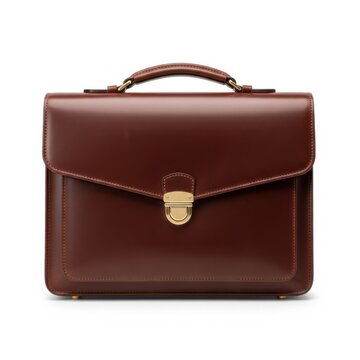 Classic brown leather briefcase with gold metal clasp, isolated on white