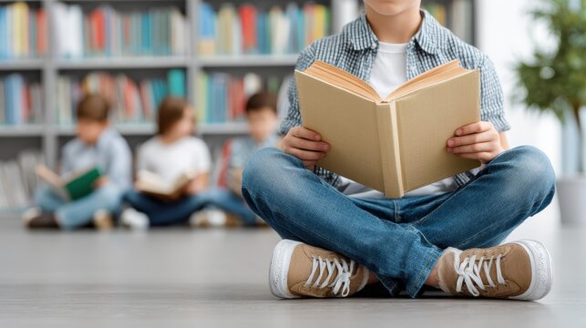 Young boy sitting cross legged on floor reading a book in a library