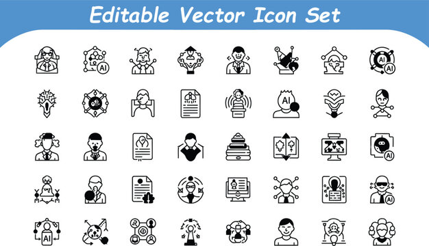 Machine learning and artificial intelligence editable vector icon set for data science and algorithms with big data