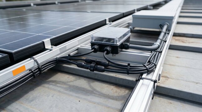 Close-up of solar panel wiring and rooftop cable connections