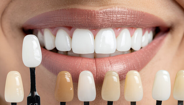 Close-up of a bright smile with dental shade guide, showcasing teeth whitening results and color matching, clean aesthetic dental care and cosmetic dentistry concept.