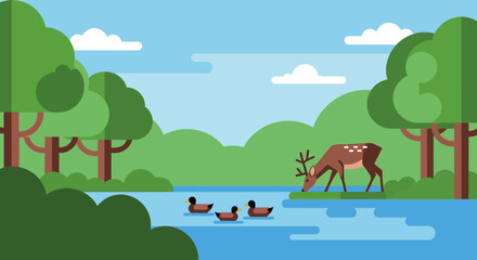 Fototapeta premium Peaceful forest scene with deer and ducks on transparent background silhouette