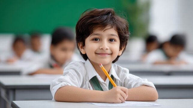 Smiling schoolboy working in classroom with other students in the background