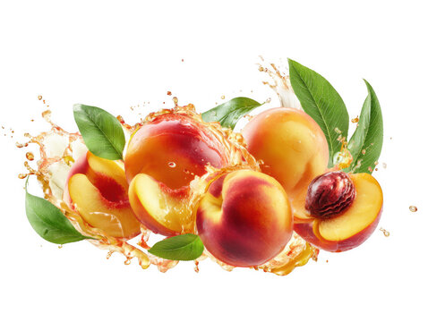 Fresh peaches with leaves and juice splash isolated on transparent background