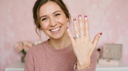 Fototapeta premium A young woman shows her hands with decorated nails and a ring. She is smiling and appears happy.