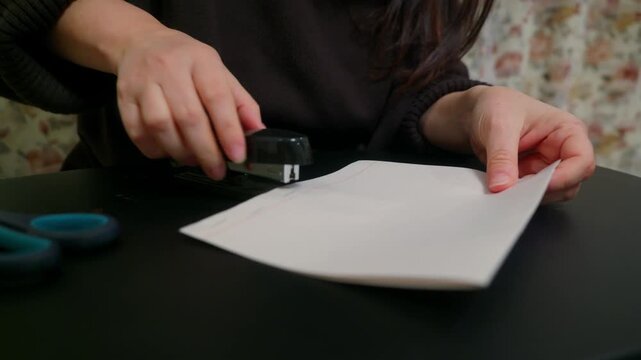 Close up of female hands using stapler to fasten paper documents together. Unrecognizable person works at dark desk, handling paperwork and administrative tasks in office or home environment