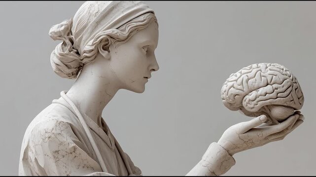 Minimalist sculpture of woman holding human brain symbolizing intellect consciousness and connection between emotion and logic