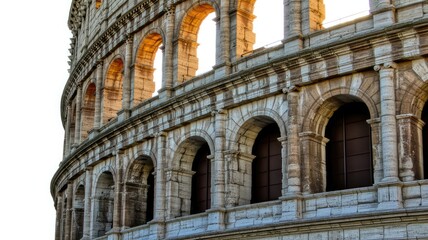 Naklejka premium Close-up of the Colosseum arches in Rome, Italy, illuminated by warm sunlight against a bright white sky.