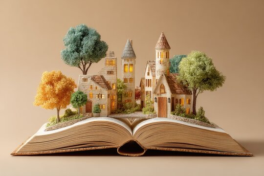 Surreal Miniature European Village and Trees Growing Out of an Open Book