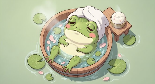 a cute green frog take a warm bath with towel in his head