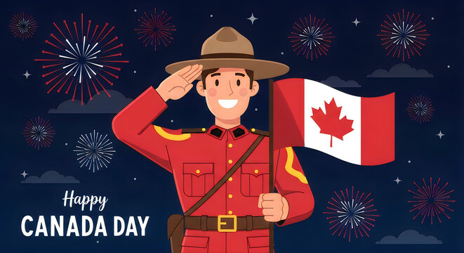 Celebrating canada day festive illustration of mountie with canadian flag and fireworks display