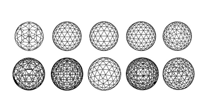 geodesic spheres with complex geometric wireframes and triangular patterns