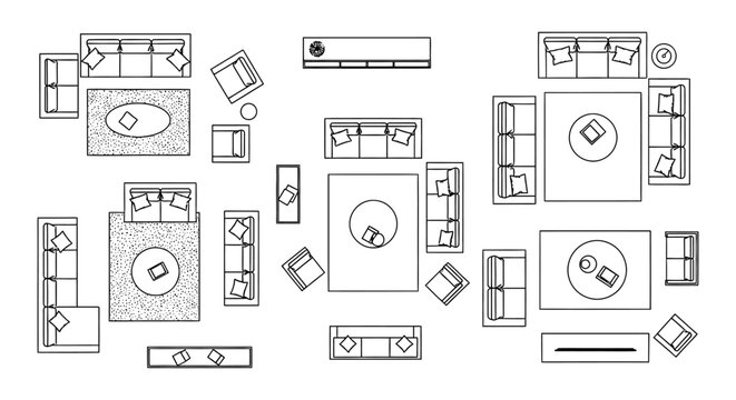 living room layout floor plans with various furniture arrangements top view for modern interior design and home decor.