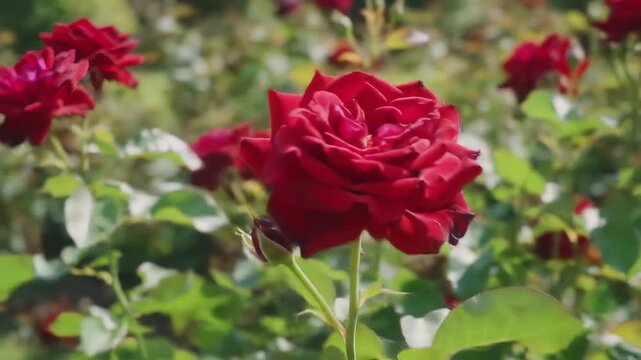 A vibrant red rose in focus with blurred roses in a garden