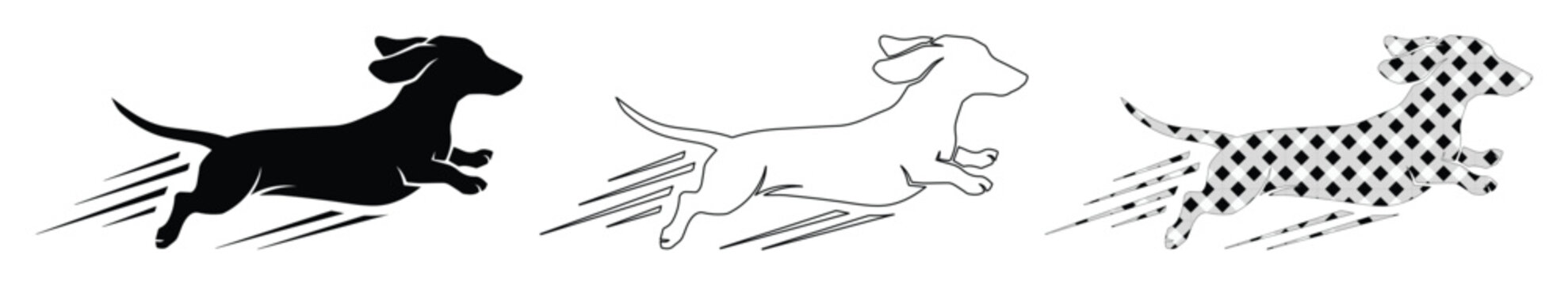Running dachshund dog vector set, fast jumping wiener dog silhouettes, black and white sausage dog icons in outline and halftone styles