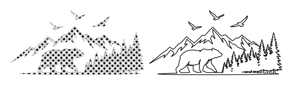 Rustic mountain bear landscape vector set, wilderness forest scene with flying birds, minimalist black and white outdoor adventure graphics