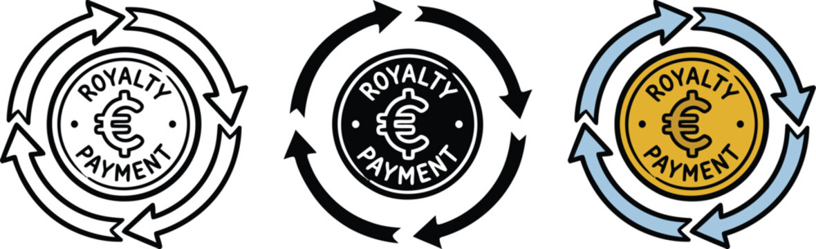 Doodle style vector illustration of a recurring Euro royalty payment concept, featuring a coin surrounded by continuous cycle arrows, on a transparent background.