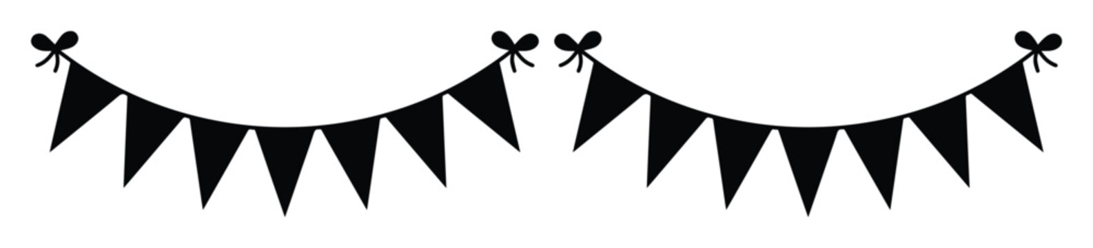 Black bunting flags silhouette vector, festive party garland with triangular pennants, hanging celebration banner for birthday and event decoration