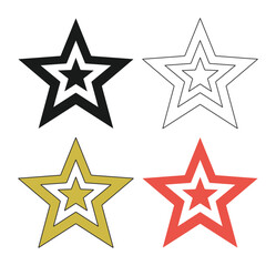 Obraz premium Minimalist star icons set, collection of 4 decorative star vector graphics, geometric five-point star symbols in black gold and red colors